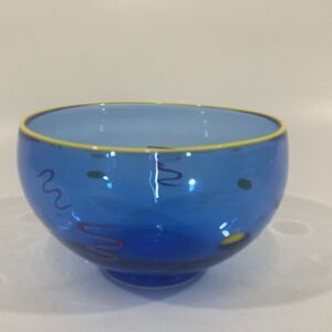 1995 Signed Antonio Garcia Hand Blown Art Glass Squiggles Swirl Bowl Blue Yellow